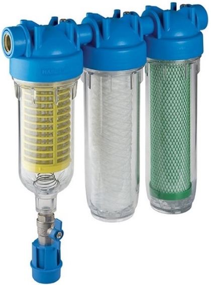 a three-piece fine filter with a charcoal element to filter out tiny contaminents from rainwater to make it safe for consumption